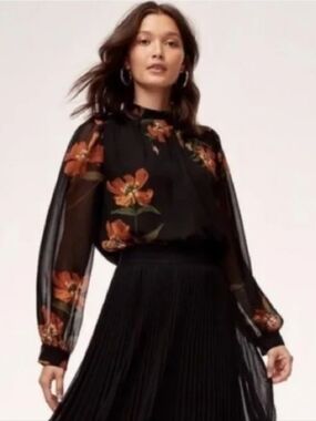 Aritzia Wilfred Blouse, Size Small, Sheer Black, Orange Floral